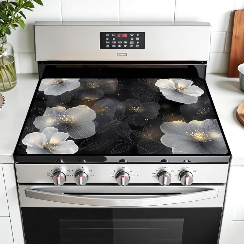 AOHMPT Multi-Design Stove Top Cover for Glass/Electric Stoves - 3-in-1 Heat-Resistant Protector Mat, Non-Slip Drying Rack 28"x20" (White Flowers, 28" L x 20" W) - Image 1