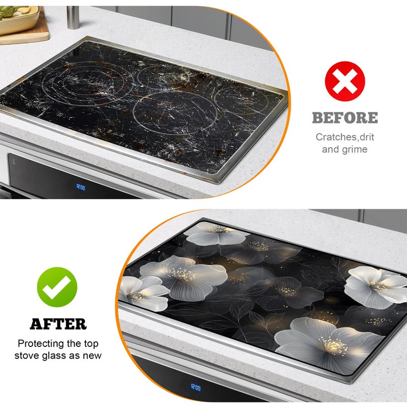AOHMPT Multi-Design Stove Top Cover for Glass/Electric Stoves - 3-in-1 Heat-Resistant Protector Mat, Non-Slip Drying Rack 28"x20" (White Flowers, 28" L x 20" W) - Image 5