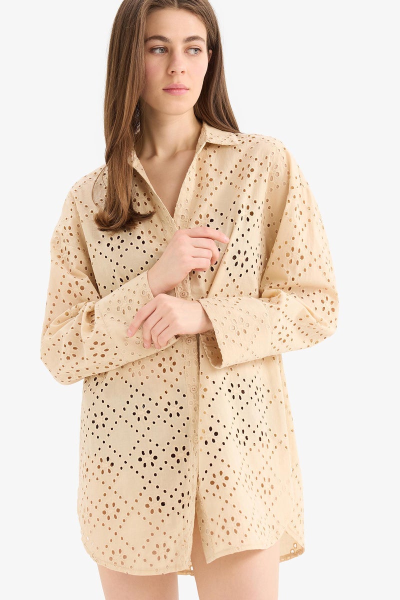 DeFacto Beige Woman Fall in Love Regular Fit Cotton Brode Beach Shirt Casual - Image 4