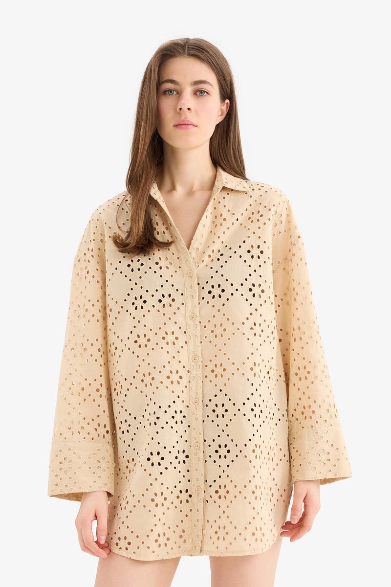 DeFacto Beige Woman Fall in Love Regular Fit Cotton Brode Beach Shirt Casual - Image 2