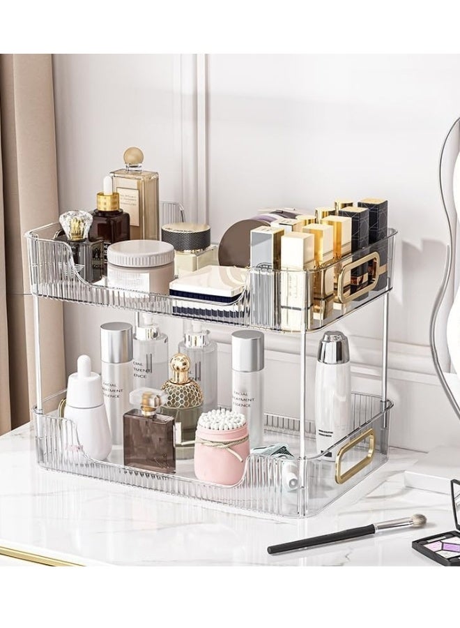 2-Tier Acrylic Stackable Organizer Space-Saving Multi-Purpose Storage Rack for Cosmetics, Perfumes, Skincare, and Kitchen Essentials Modern Countertop Organizer for Bathroom, Kitchen & Vanity (30×25 cm)- Clear - Image 2