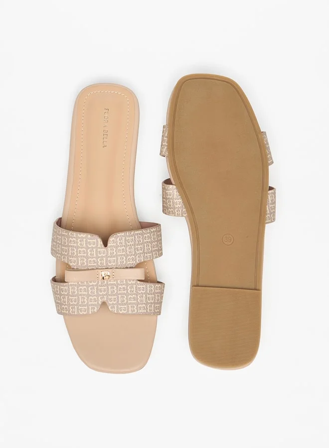 Flora Bella By Shoexpress Monogram Print Slip-On Sandals with Bow Applique