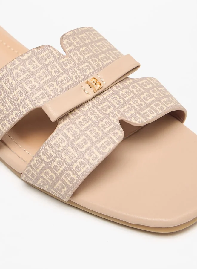 Flora Bella By Shoexpress Monogram Print Slip-On Sandals with Bow Applique