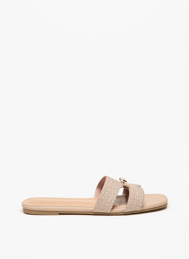 Flora Bella By Shoexpress Monogram Print Slip-On Sandals with Bow Applique