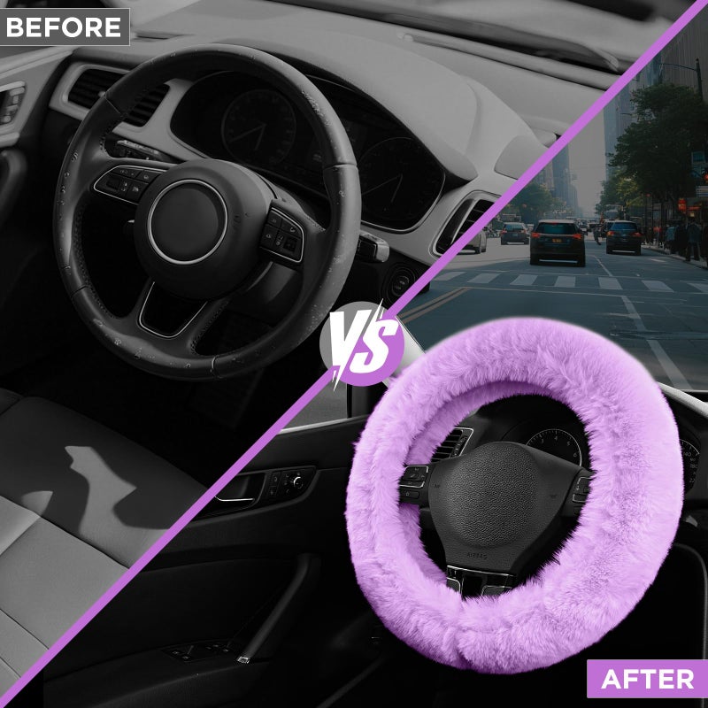 Road Comforts Steering Wheel Cover, Fluffy Car Wheel Covers for Women/Girls/Ladiesï¼ŒSoft Wool Fur Steering Wheel Protector, Universal 14 1/2 inches to 15 inches - Purple - Image 4