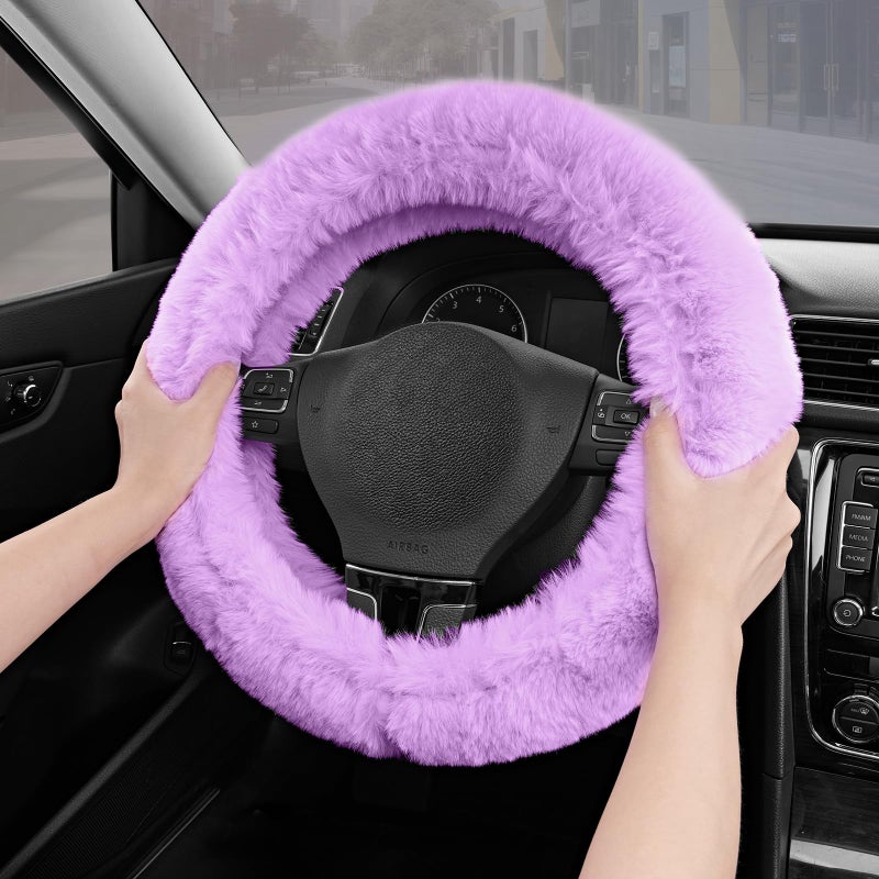 Road Comforts Steering Wheel Cover, Fluffy Car Wheel Covers for Women/Girls/Ladiesï¼ŒSoft Wool Fur Steering Wheel Protector, Universal 14 1/2 inches to 15 inches - Purple - Image 3