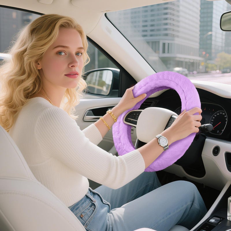 Road Comforts Steering Wheel Cover, Fluffy Car Wheel Covers for Women/Girls/Ladiesï¼ŒSoft Wool Fur Steering Wheel Protector, Universal 14 1/2 inches to 15 inches - Purple - Image 5