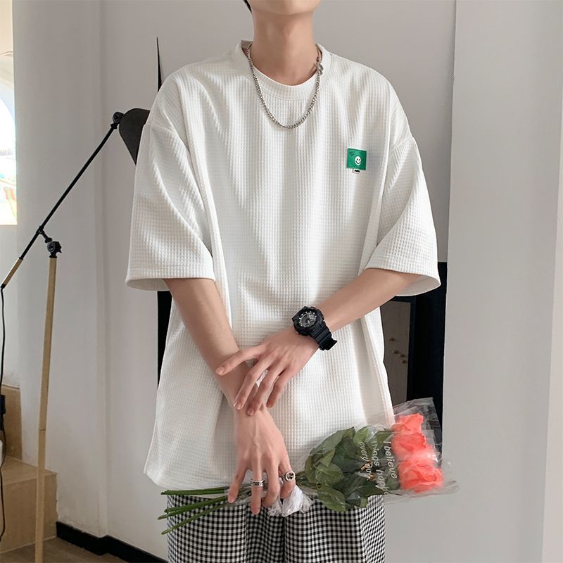 Hong Kong Style Waffle Short-sleeved T-shirt Men's Summer Half-sleeved Loose All-match Thin Half-sleeved T-shirt - Image 1