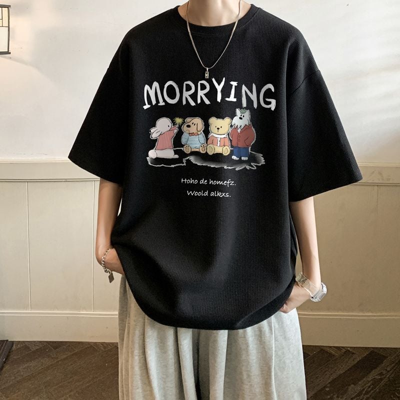 Hong Kong Style Waffle Short-sleeved T-shirt Men's Summer Half-sleeved Loose All-match Thin Half-sleeved T-shirt - Image 5