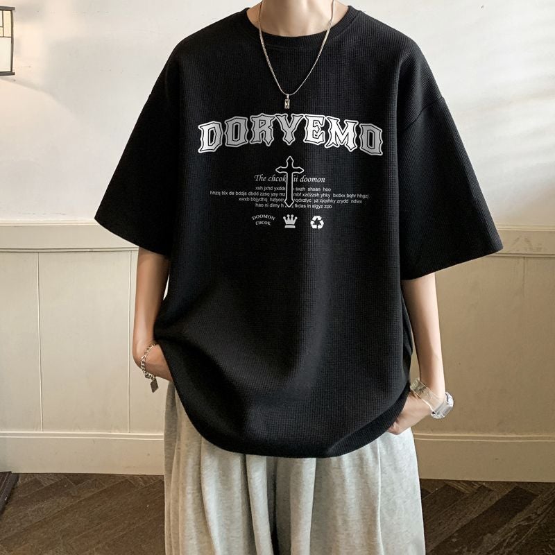 Hong Kong Style Waffle Short-sleeved T-shirt Men's Summer Half-sleeved Loose All-match Thin Half-sleeved T-shirt - Image 3