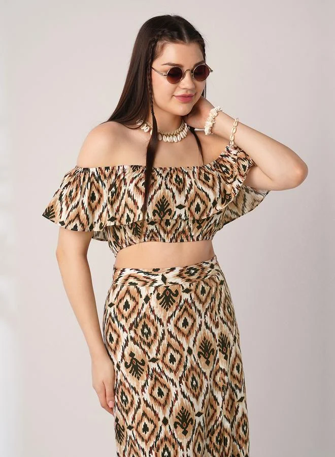 globus Brown Ikat Crop Top and Maxi Skirt Co-Ords
