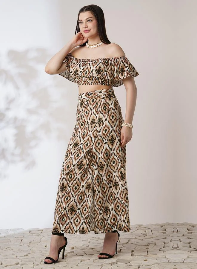 globus Brown Ikat Crop Top and Maxi Skirt Co-Ords