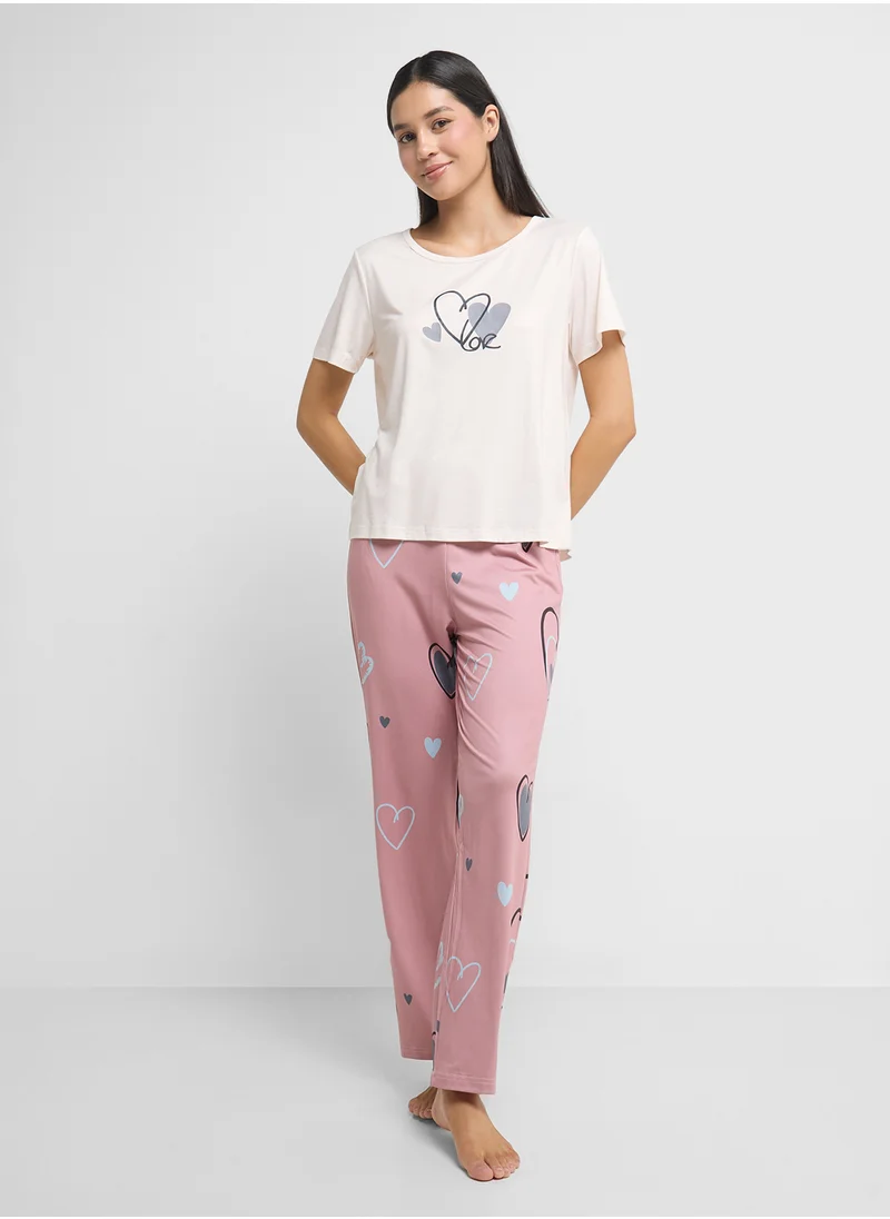 Ginger Heart Print T-Shirt & Pyjama Set