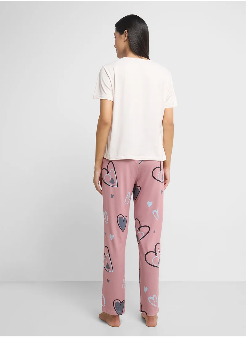 Ginger Heart Print T-Shirt & Pyjama Set