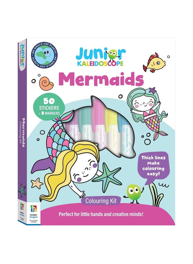Hinkler Jr Kaleidoscope Colouring Kit – Mermaids Edition includes a 64-page colouring book with 5 pastel markers and 50 fun stickers, Magical Colouring Fun for Kids, Perfect Gift for Creative Play - Image 1