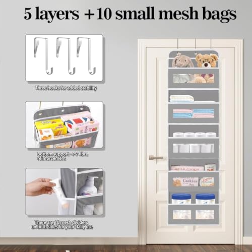 XBEY Over The Door Organizer with 5 Large Pockets 10 Side Mesh Pockets, Door Hanging Organizer for Bedroom, Wall Door Cloth Wardrobe Hanging Storage - Image 4