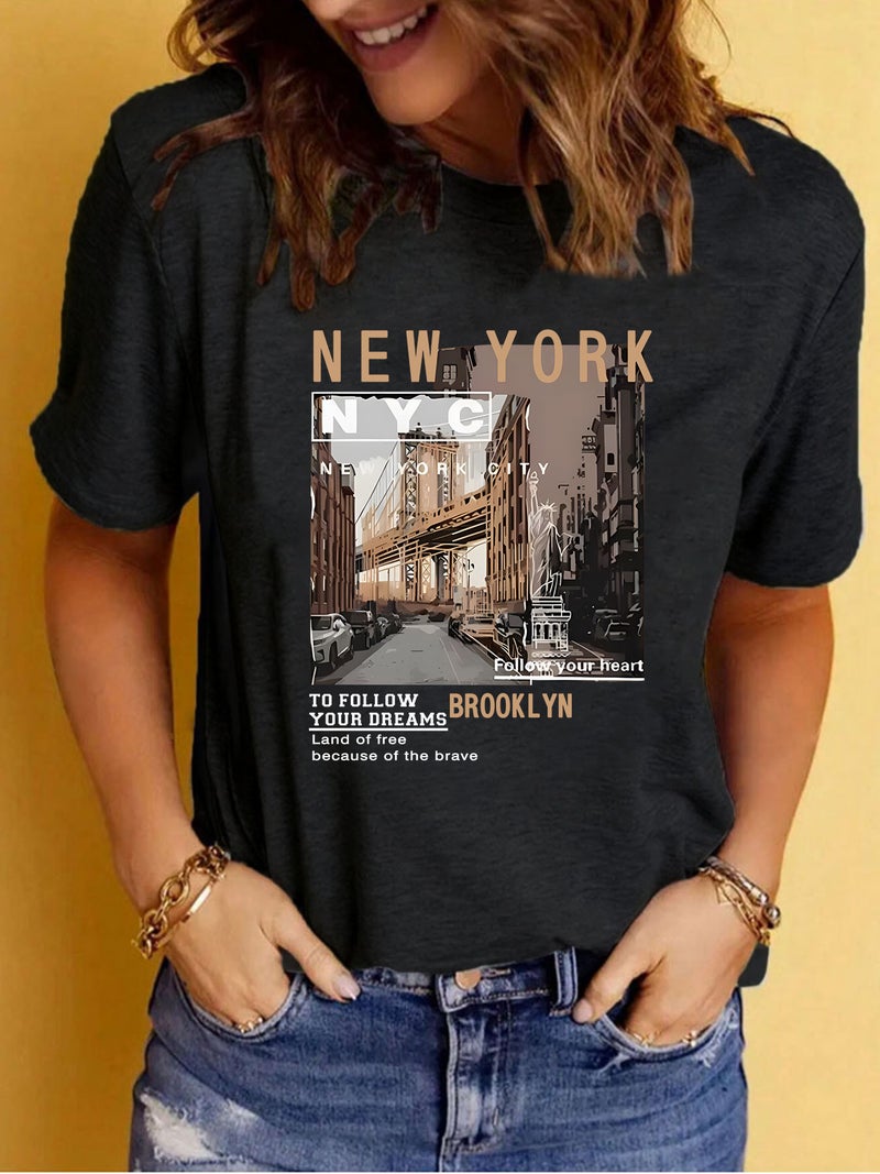 Europe And America Summer Women'S New York City Landscape Printing Round Neck Short Sleeve Casual Explosions T-Shirt - Image 4