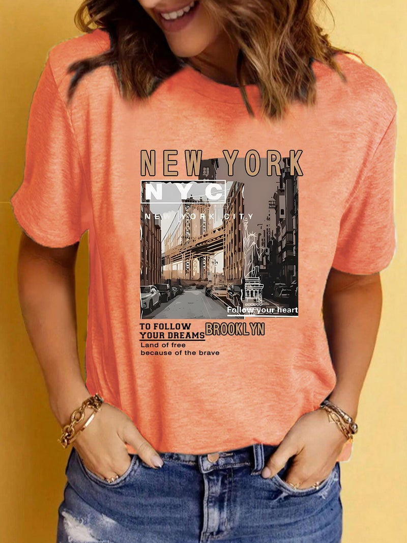 Europe And America Summer Women'S New York City Landscape Printing Round Neck Short Sleeve Casual Explosions T-Shirt - Image 2