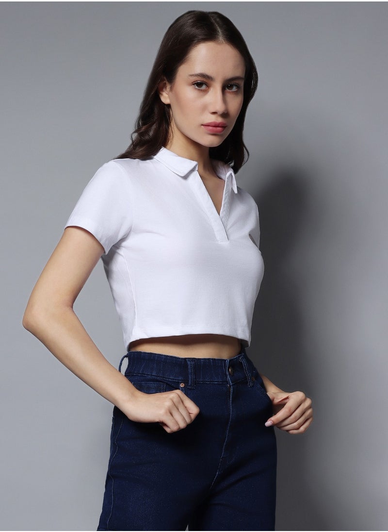 HIGH STAR - Cropped White Shirt Collar Top for Women - Image 1