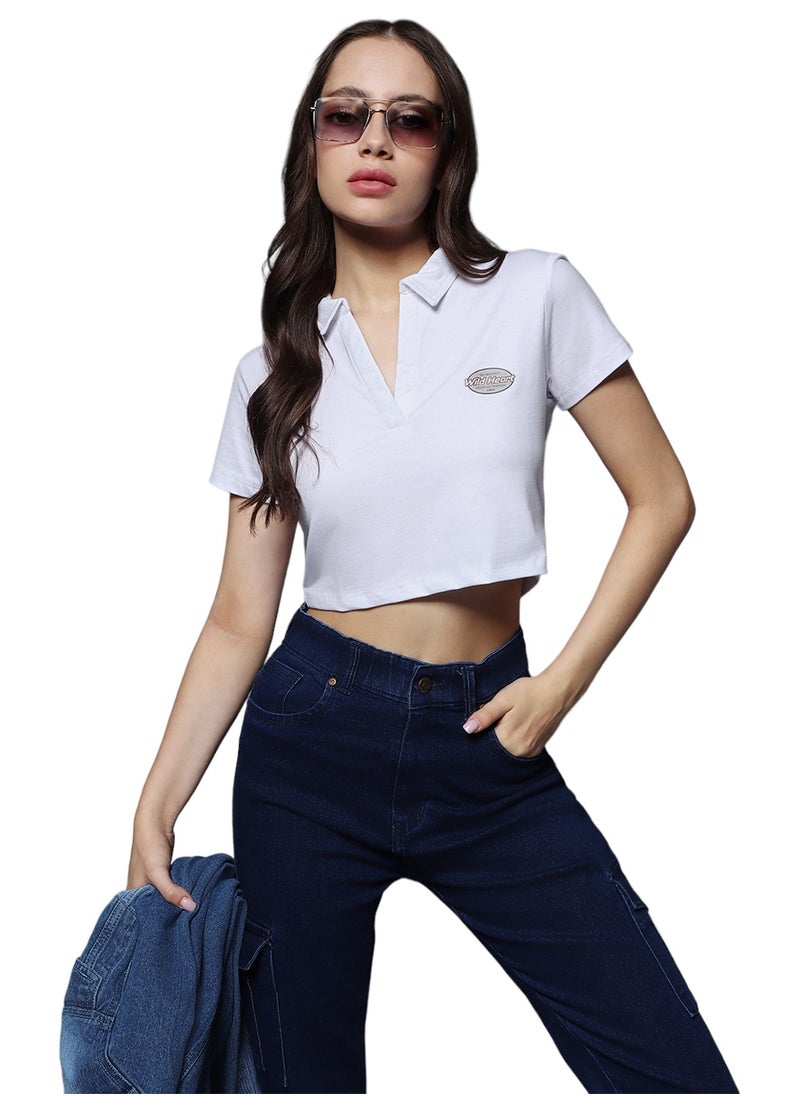 HIGH STAR - Cropped White Shirt Collar Top for Women - Image 1