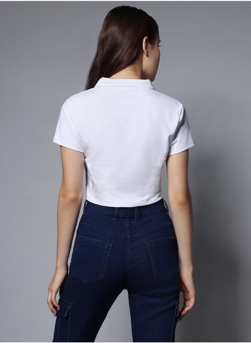 HIGH STAR - Cropped White Shirt Collar Top for Women - Image 1