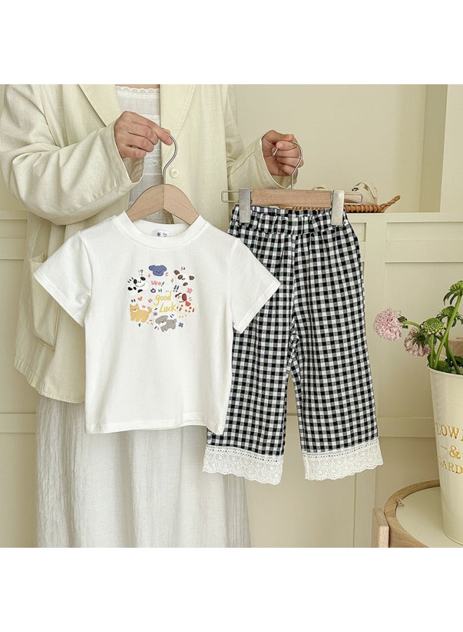Manufacturer Children's Clothing New Short-sleeved T-shirt Pure Cotton Girls Summer Cartoon Half-sleeve Plaid Lace Pants Set