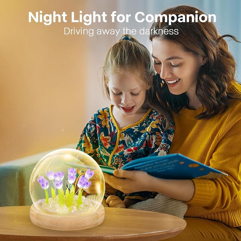 Goodern 16 Flowers DIY Tulip Night Light Handmade Decoration Tulip Artificial Flower Craft Gift Simulation Flower Bedroom Table Lamp Kids Girl Couple Gift Atmosphere Decoration Desk Ornament (Purple) - Image 2