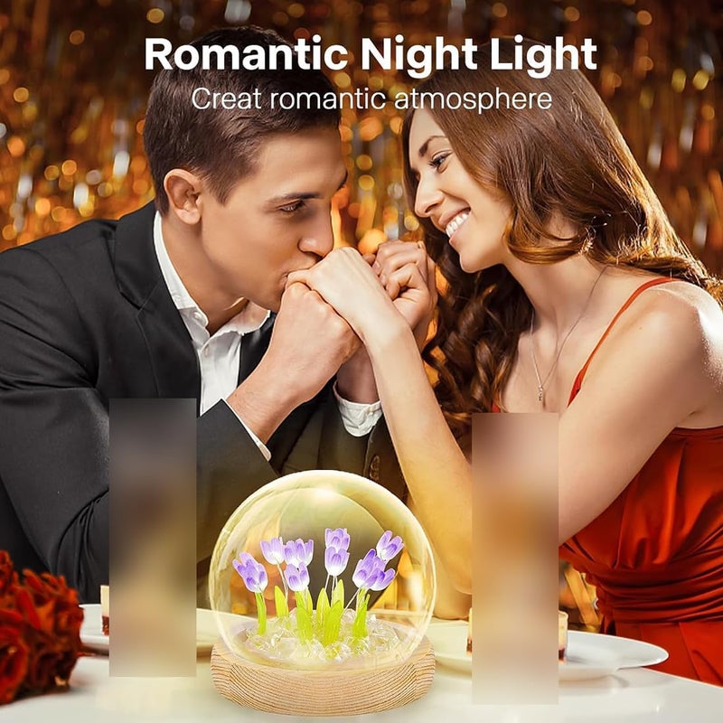 Goodern 16 Flowers DIY Tulip Night Light Handmade Decoration Tulip Artificial Flower Craft Gift Simulation Flower Bedroom Table Lamp Kids Girl Couple Gift Atmosphere Decoration Desk Ornament (Purple) - Image 3