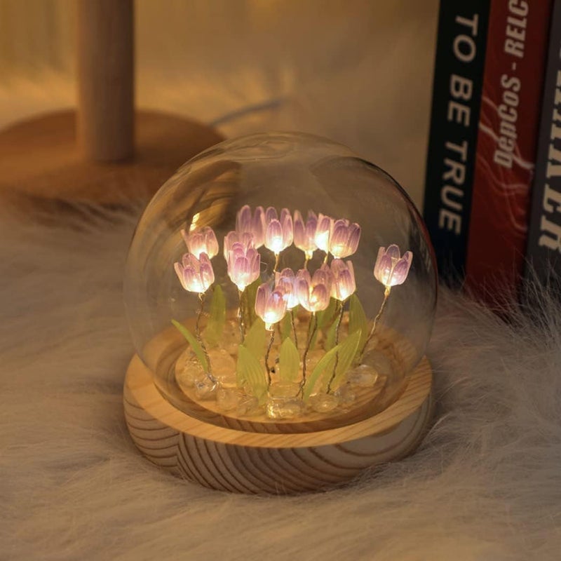 Goodern 16 Flowers DIY Tulip Night Light Handmade Decoration Tulip Artificial Flower Craft Gift Simulation Flower Bedroom Table Lamp Kids Girl Couple Gift Atmosphere Decoration Desk Ornament (Purple) - Image 1