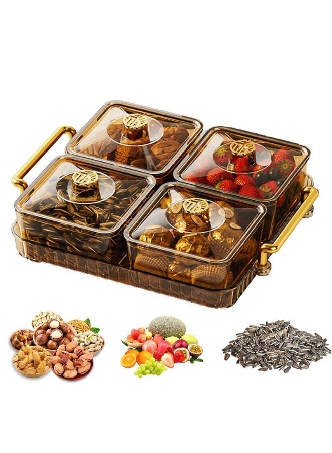 WALALLA Divided 4-Grid Snack Tray Portable Clear Elegant Removable Fashion Sectioned Serving Tray With Lid & Handle For Snacks Appetizers Nuts Candy,Golden - Image 1
