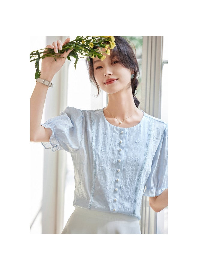 Tucano Summer Round Neck Short Sleeve Pleated Jacquard Solid Color Top For Women - Image 3