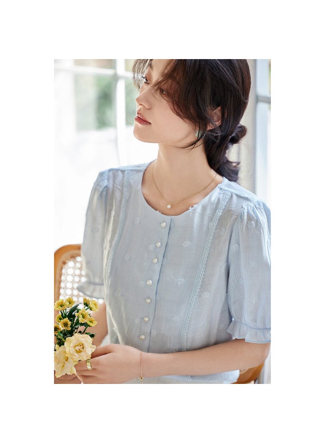 Tucano Summer Round Neck Short Sleeve Pleated Jacquard Solid Color Top For Women - Image 2