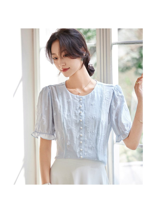 Tucano Summer Round Neck Short Sleeve Pleated Jacquard Solid Color Top For Women - Image 4