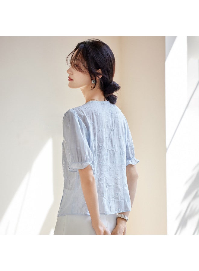 Tucano Summer Round Neck Short Sleeve Pleated Jacquard Solid Color Top For Women - Image 5