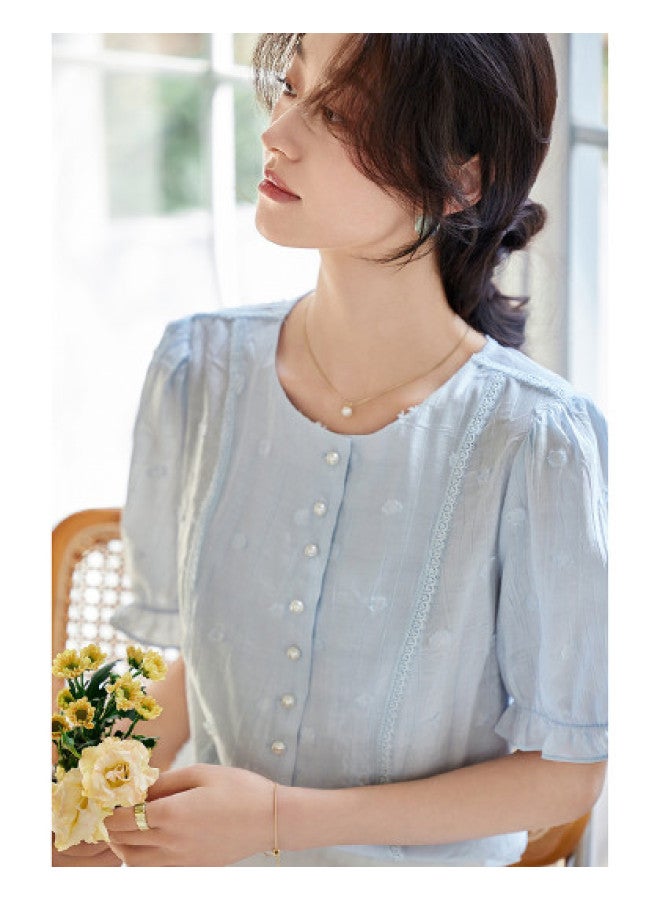Tucano Summer Round Neck Short Sleeve Pleated Jacquard Solid Color Top For Women - Image 1