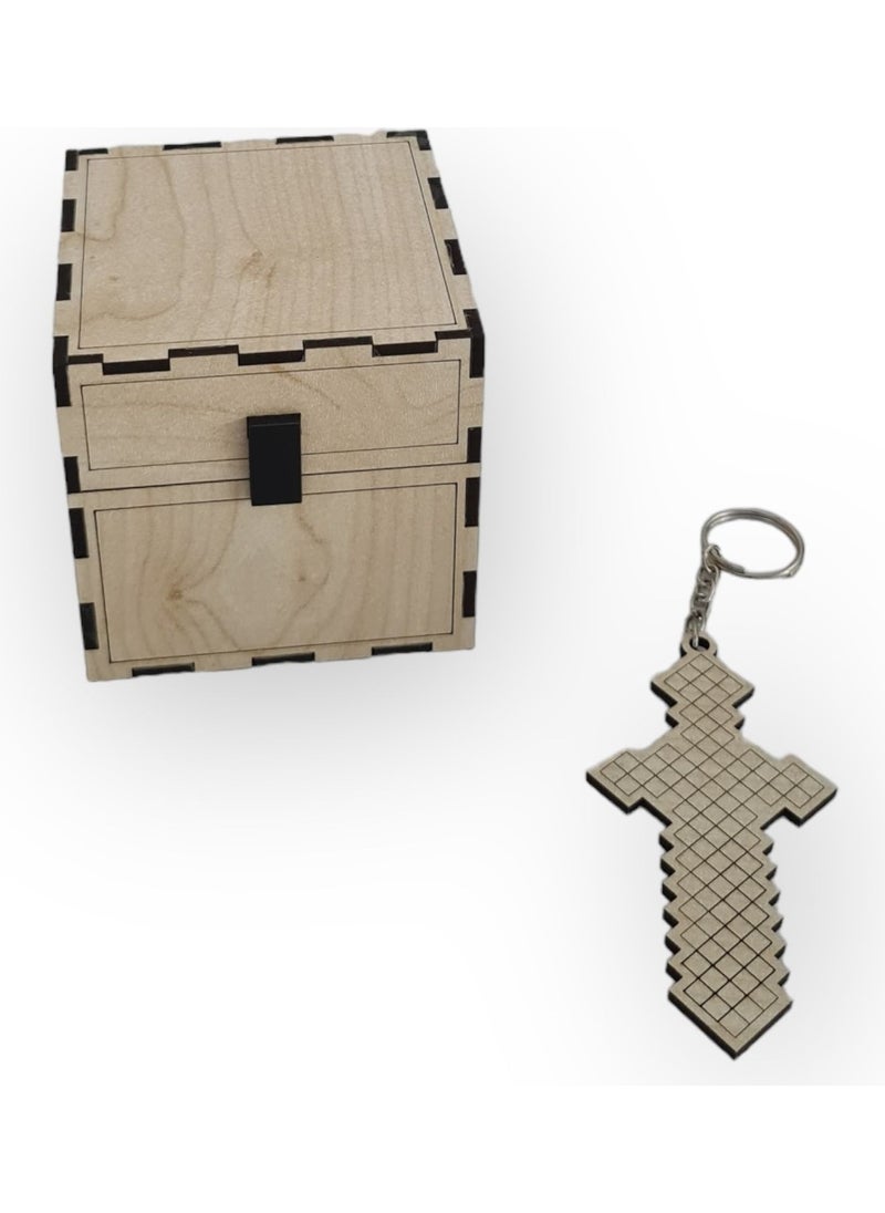 Dalyan Wooden Minecraft Chest and Sword Shaped Keychain  - Image 1