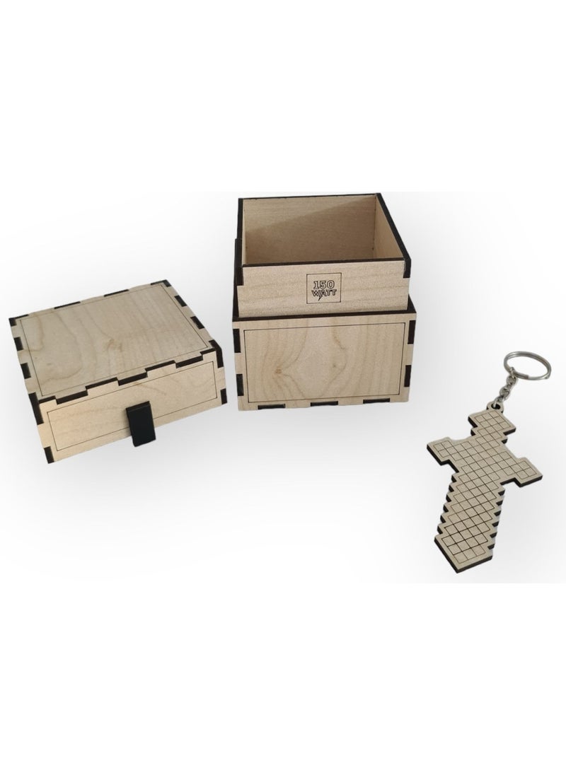 Dalyan Wooden Minecraft Chest and Sword Shaped Keychain  - Image 2