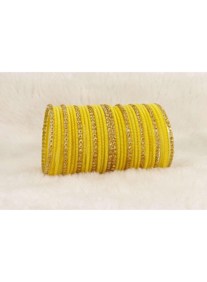 NMII Stylish Glass & Golden Beads Velvet Bangle Set For Women and Girls | Fancy Women's Bangles | Traditional Chudi Set, (F133_Guddan-(3)-Yellow-2.6 Inches) - Image 2