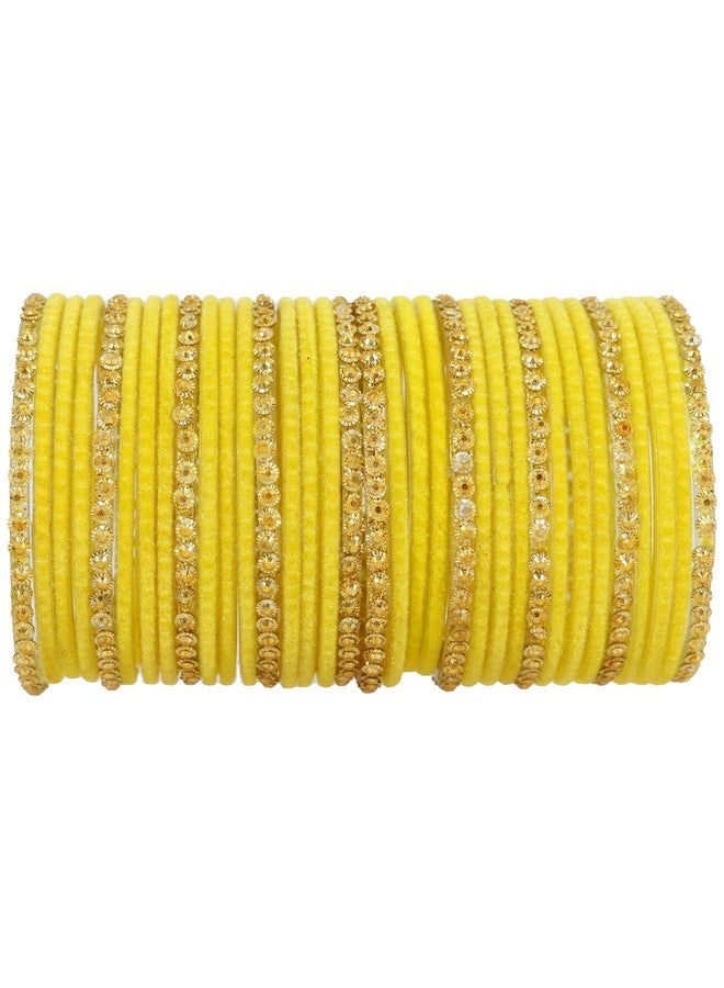 NMII Stylish Glass & Golden Beads Velvet Bangle Set For Women and Girls | Fancy Women's Bangles | Traditional Chudi Set, (F133_Guddan-(3)-Yellow-2.6 Inches) - Image 1
