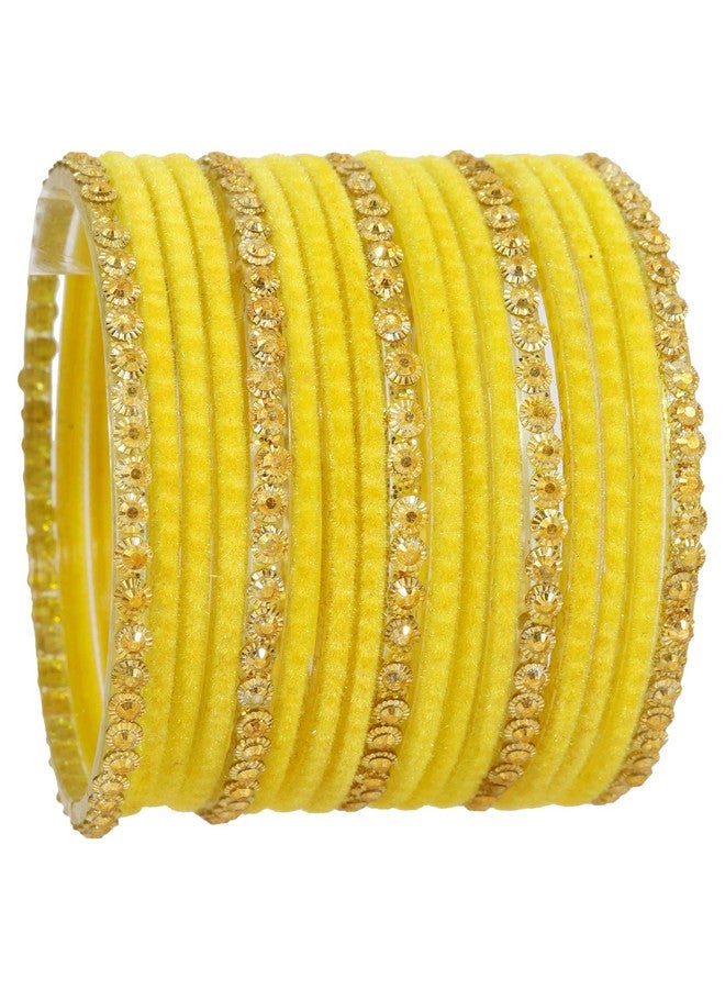 NMII Stylish Glass & Golden Beads Velvet Bangle Set For Women and Girls | Fancy Women's Bangles | Traditional Chudi Set, (F133_Guddan-(3)-Yellow-2.6 Inches) - Image 3