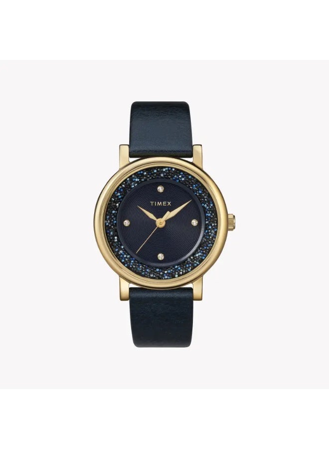 تيميكس ساعة TIMEX النسائية بهيكل نحاسية ذهبية وسوار جلدي أزرق - Image 1