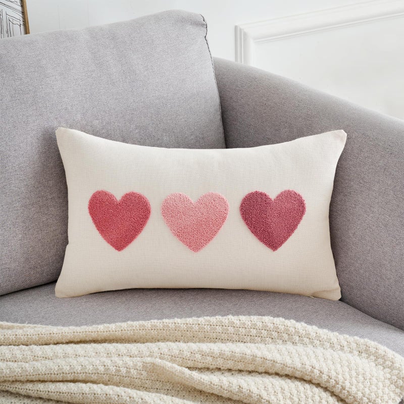 TAJWE Valentineâ€™s Day Pillow Cover 12x20 Inch Red Pink Embroidery Love Heart Pillowcase Valentine Wedding February Holiday Farmhouse Decorative Lumbar Cushion Covers for Sofa Couch Home Decor - Image 1