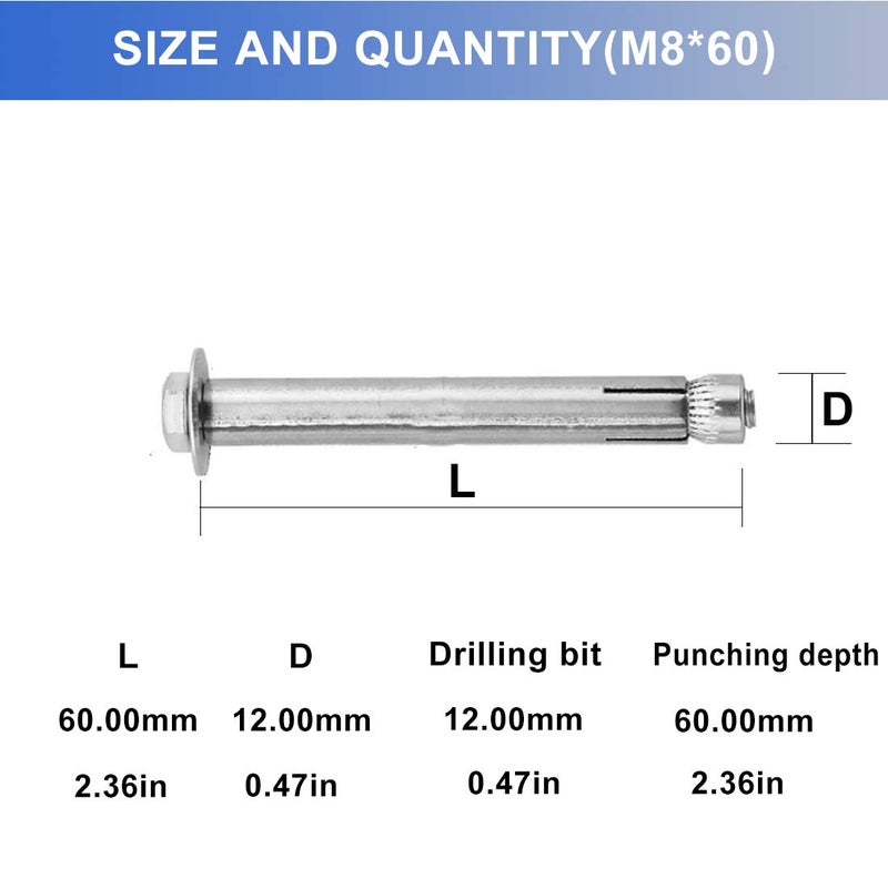 Amycheer Hex Expansion Bolt Hex Head Nut Sleeve Expansion Screw 304 Stainless Steel External Furniture Bolts, Expanding Shield Anchor Screws Bolts Fastener M8x60mm 5 Pack - Image 2