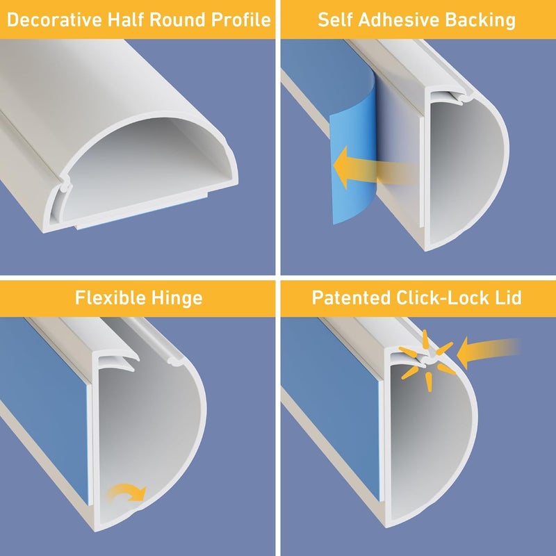 D-Line 13.12ft Cord Hider Kit, Patented Cable Cover, Hide Wires on Wall, Channel for TV Mount Cords, Raceway Wire Hiders, Paintable, Adhesive, Half Round, 4X 1.18in W x 0.59in H x 39in Lengths, White - Image 3