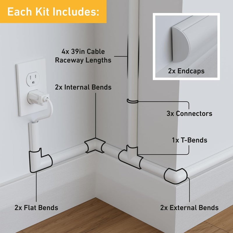 D-Line 13.12ft Cord Hider Kit, Patented Cable Cover, Hide Wires on Wall, Channel for TV Mount Cords, Raceway Wire Hiders, Paintable, Adhesive, Half Round, 4X 1.18in W x 0.59in H x 39in Lengths, White - Image 2