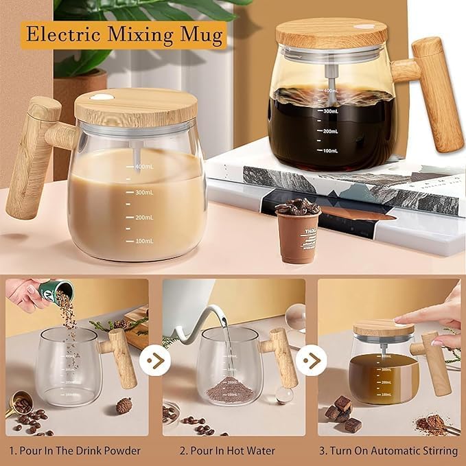 VINSU VINSU Self Stirring Coffee Mugs Coffee Stirring Cup Electric Mixing Cup Borosilicate Coffee Mug with lid for Coffee Milk Protein Powder  - Image 3