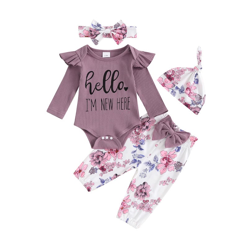 wybzd Hi Im New Here Newborn Outfit Girl Coming Home Clothes Ribbed Long Sleeve Romper Onesie Top Floral Pants Set 4pcs Purple New Here 0-3 Months - Image 1