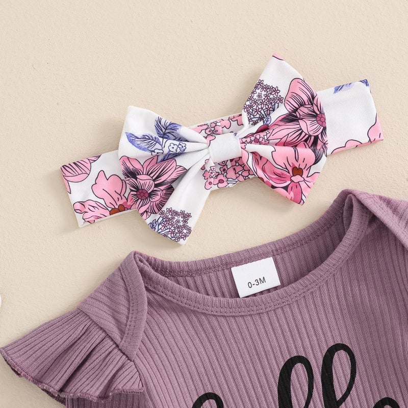 wybzd Hi Im New Here Newborn Outfit Girl Coming Home Clothes Ribbed Long Sleeve Romper Onesie Top Floral Pants Set 4pcs Purple New Here 0-3 Months - Image 2