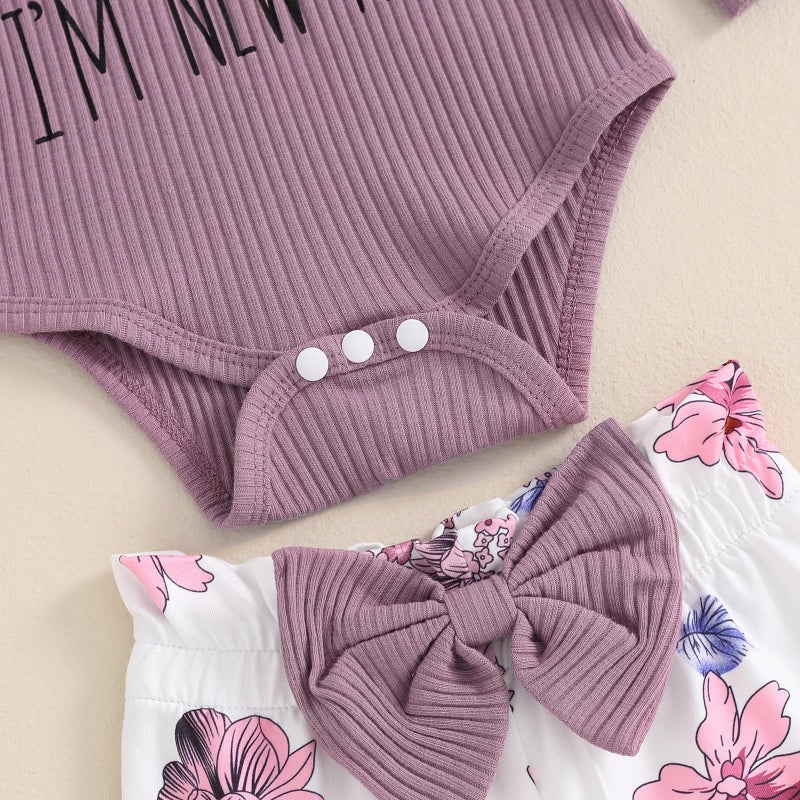 wybzd Hi Im New Here Newborn Outfit Girl Coming Home Clothes Ribbed Long Sleeve Romper Onesie Top Floral Pants Set 4pcs Purple New Here 0-3 Months - Image 5