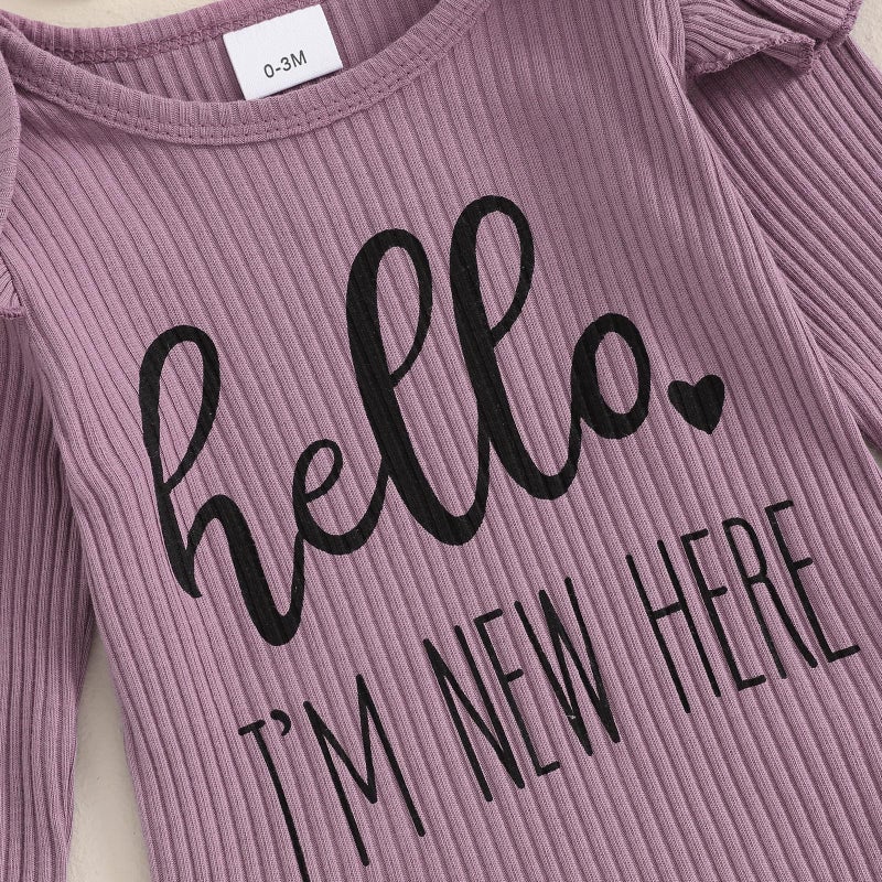 wybzd Hi Im New Here Newborn Outfit Girl Coming Home Clothes Ribbed Long Sleeve Romper Onesie Top Floral Pants Set 4pcs Purple New Here 0-3 Months - Image 3